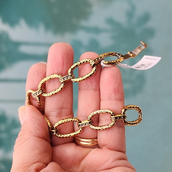 KENDRA SCOTT 23k Gold Plated Brass Chain Link Bracelet Vintage Hammered Charm - Picture 8 of 12